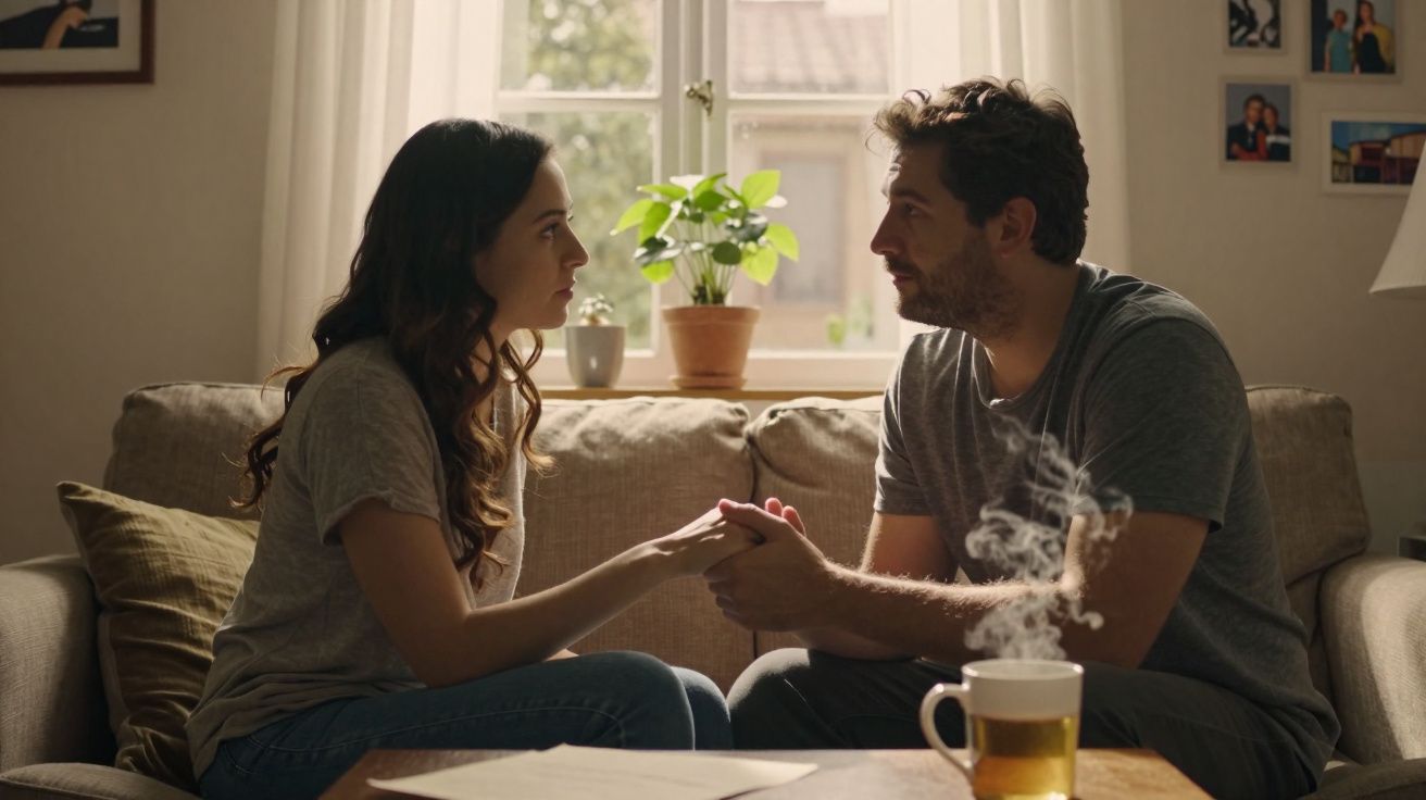 Casal sentado no sofá, de mãos dadas e a olhar-se nos olhos, com chá a fumegar numa mesa à frente.