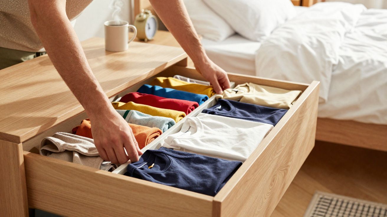 Pessoa organizando t-shirts de várias cores dobradas numa gaveta de madeira ao lado da cama.