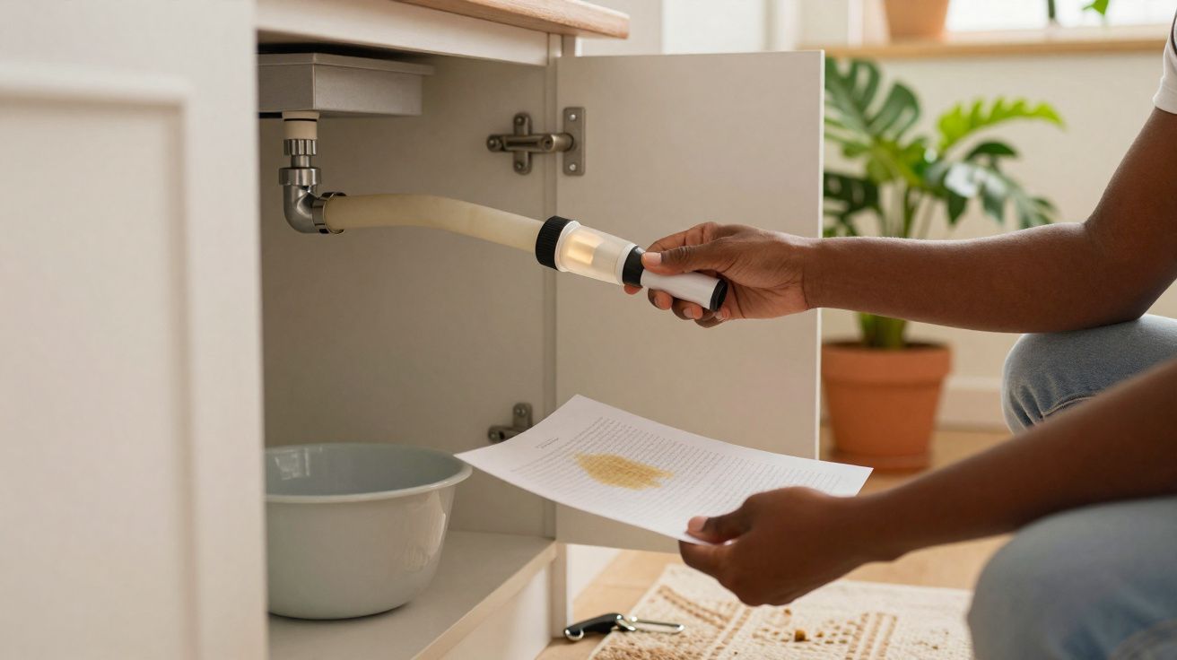 Pessoa a verificar cano na cozinha com ferramenta e papel com manchas amarelas perto de uma tampa aberta.