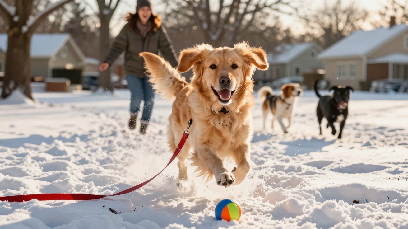 Cão dourado a correr na neve rumo a uma bola colorida, com duas outras raças e uma pessoa ao fundo.