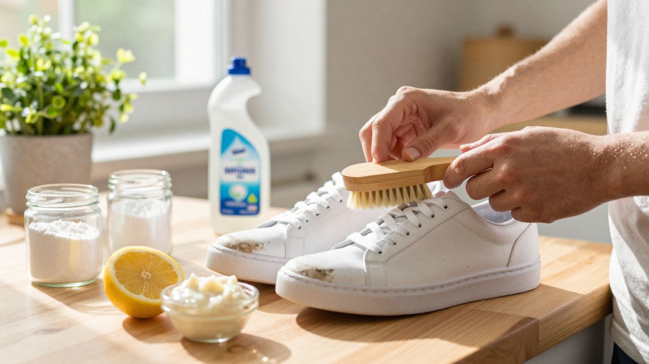 Pessoa a limpar ténis brancos com escova, ao lado de limão, bicarbonato, creme e detergente numa mesa.