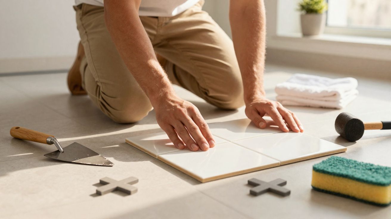 Pessoa a instalar azulejos brancos no chão com ferramentas e espaçadores à volta.