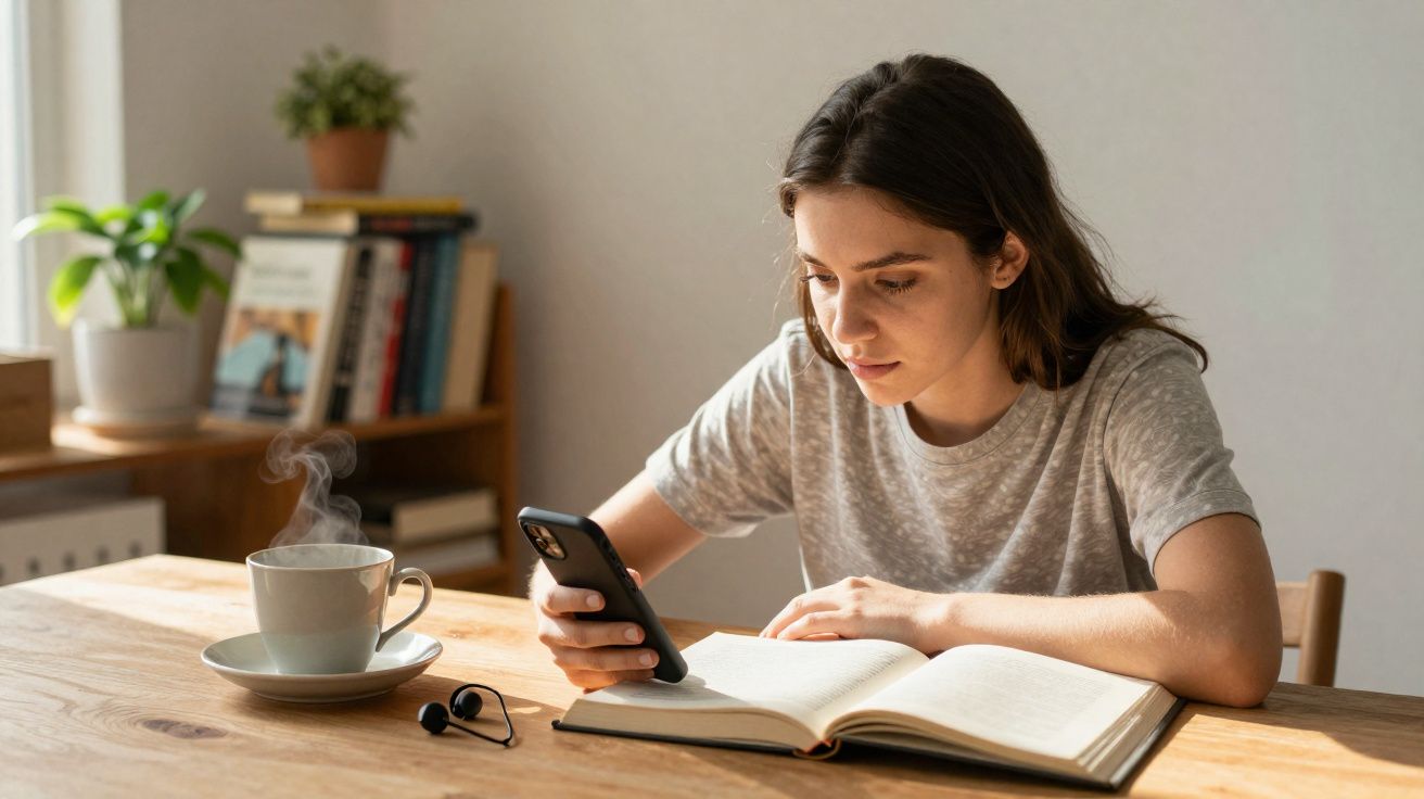 Jovem a estudar com livro aberto e telemóvel na mão, numa mesa com chá fumegante e auscultadores.