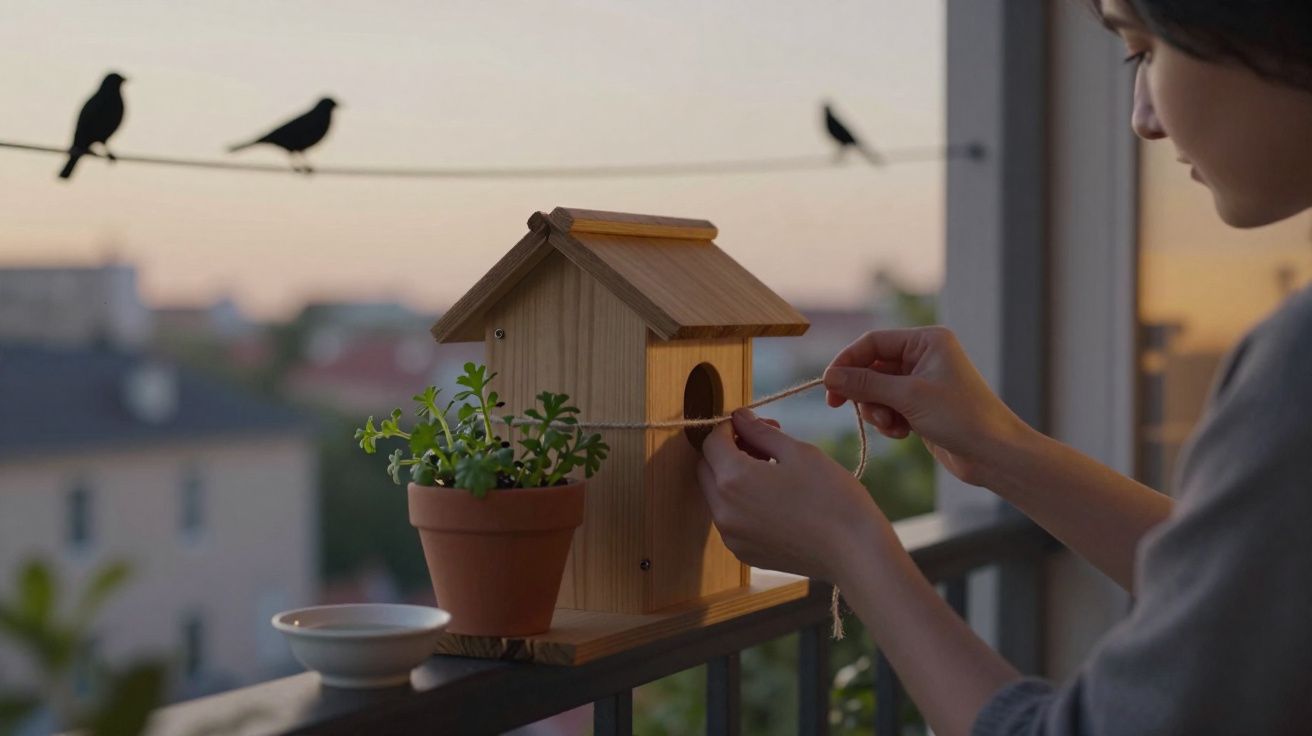 Pessoa a pendurar um cordão num comedouro de pássaros de madeira na varanda ao entardecer.
