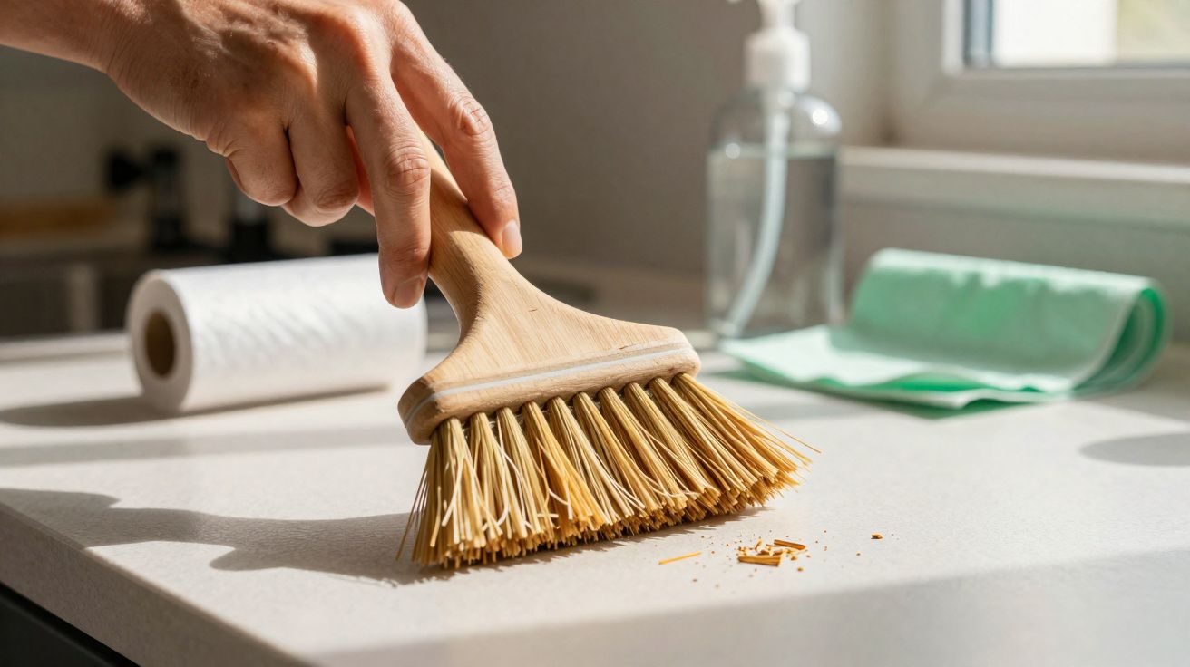 Mão a varrer migalhas numa superfície branca com escova de cerdas naturais e utensílios de limpeza ao fundo.