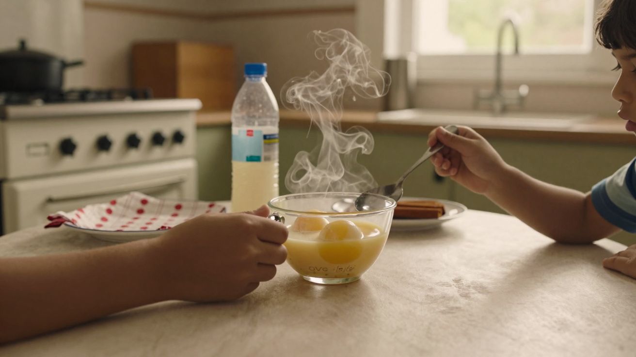 Duas crianças sentadas à mesa com uma tigela de ovos crus e um prato com salsichas numa cozinha.