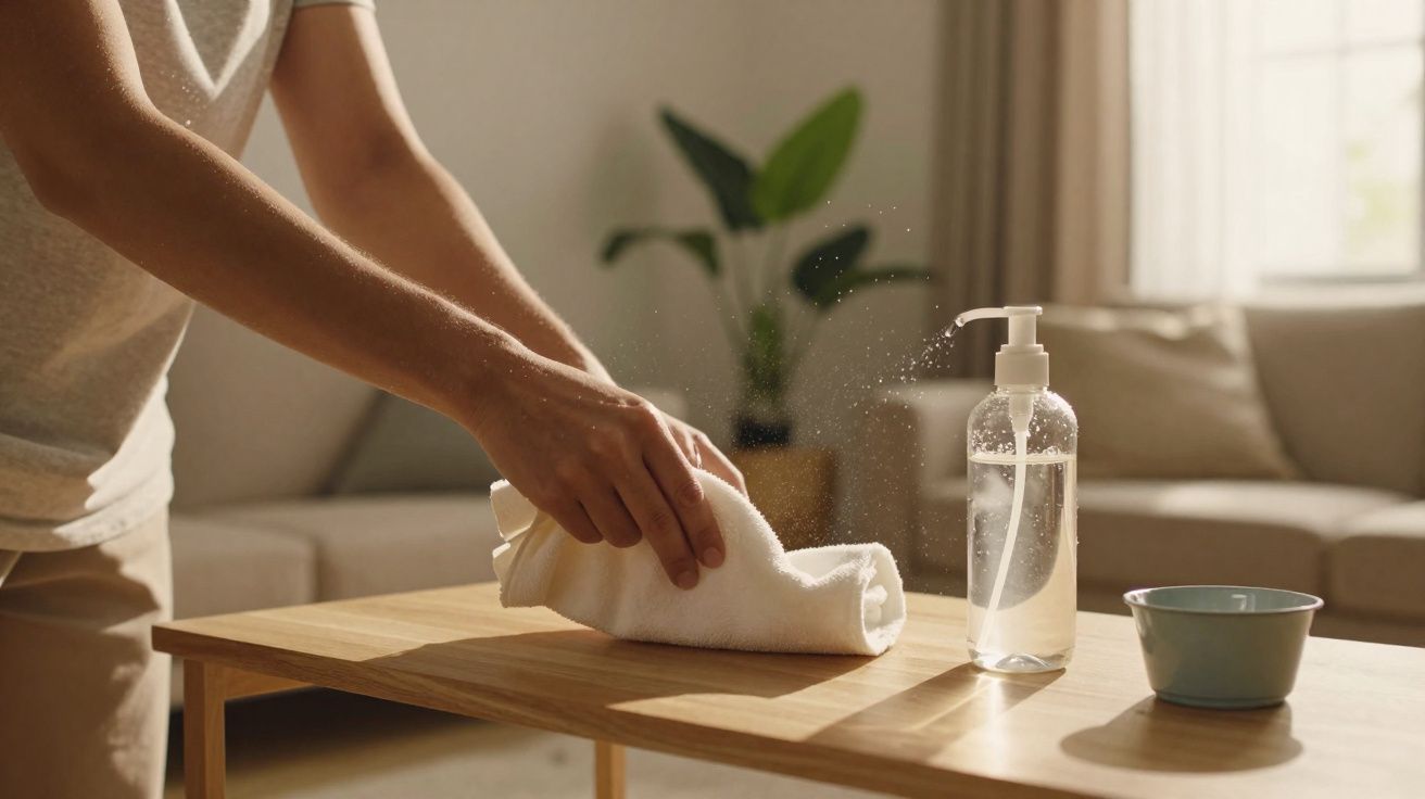 Pessoa a limpar mesa de madeira com pano branco e frasco de spray num ambiente doméstico iluminado.