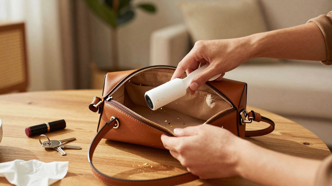 Pessoa a usar rolo adesivo para tirar migalhas de uma mala castanha sobre uma mesa de madeira.