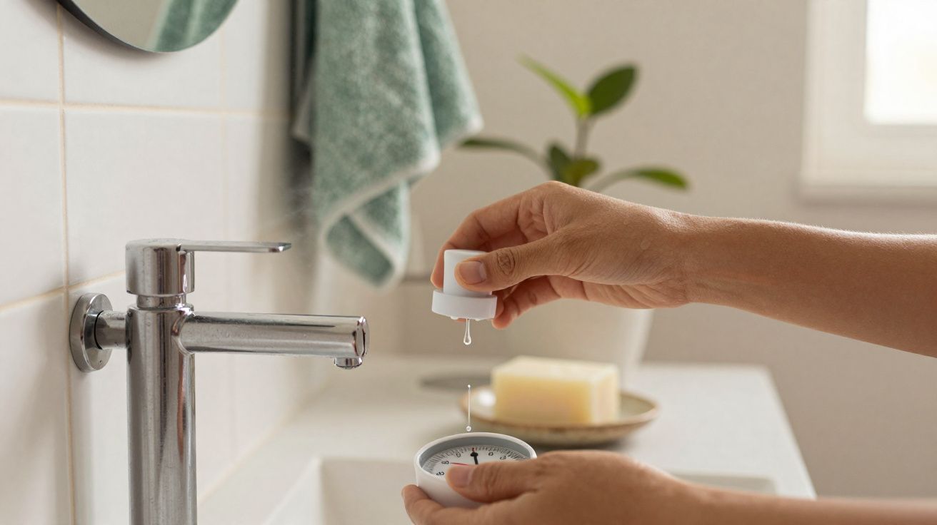 Pessoa a colocar gotas num recipiente num lavatório de casa de banho com toalha verde ao fundo.