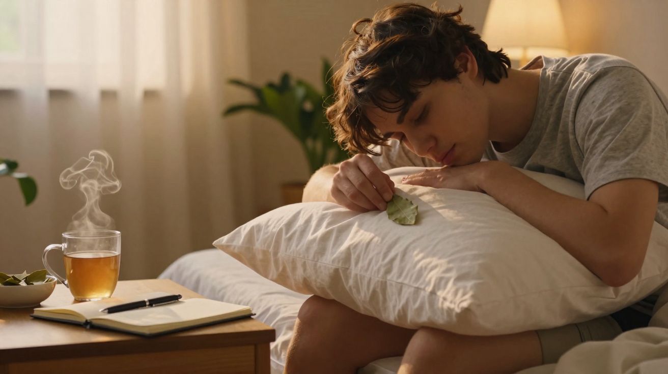 Jovem sentado na cama, segurando uma folha sobre uma almofada, com chá fumegante e caderno na mesa ao lado.