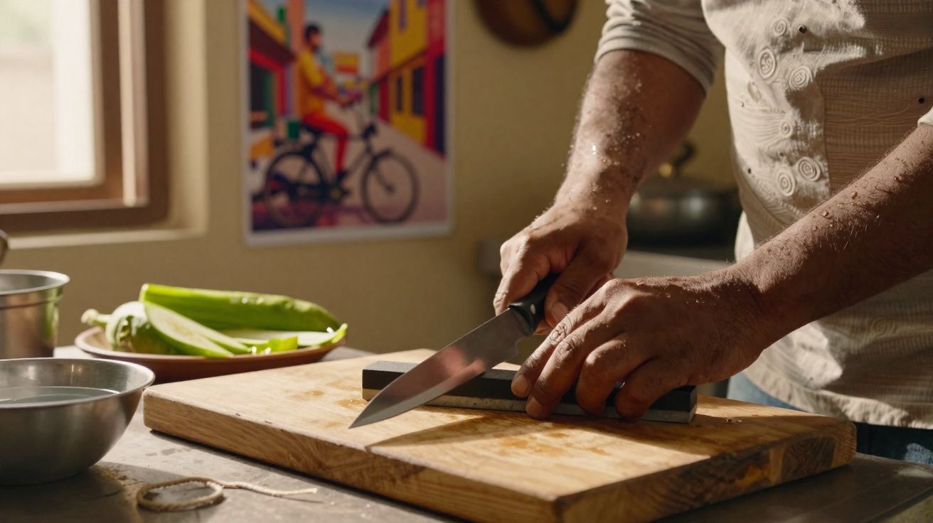 Pessoa a afiar uma faca num amolador sobre uma tábua de madeira numa cozinha iluminada naturalmente.