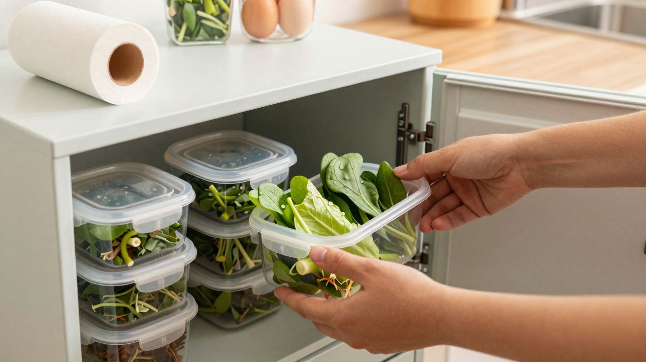 Mãos a guardar folhas verdes em caixa plástica num armário de cozinha organizado.