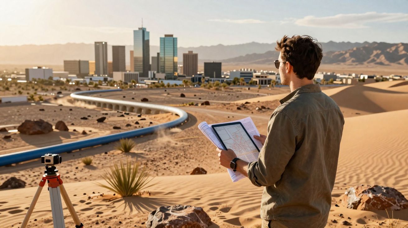 Homem com prancheta a planear construção em deserto perto de cidade moderna e tubos azuis.