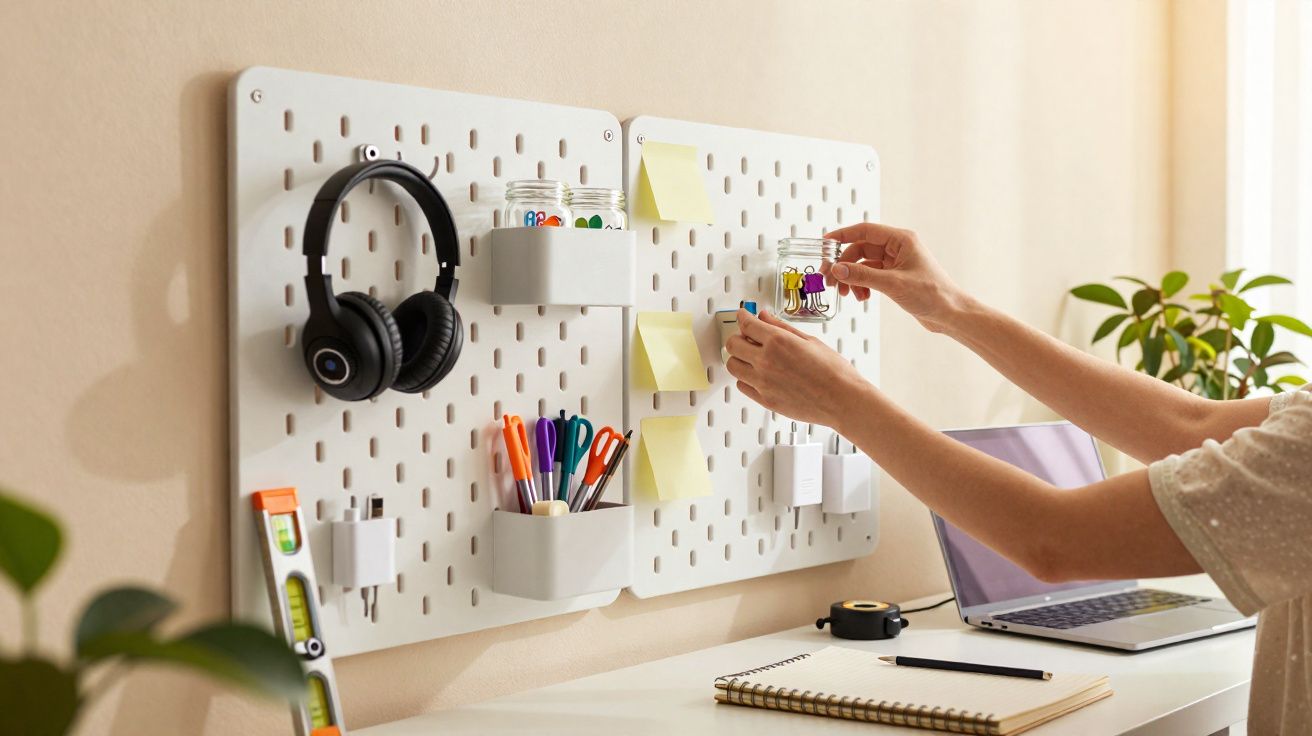 Mãos organizam clips numa placa de organização branca com auriculares, canetas e post-its num escritório claro.