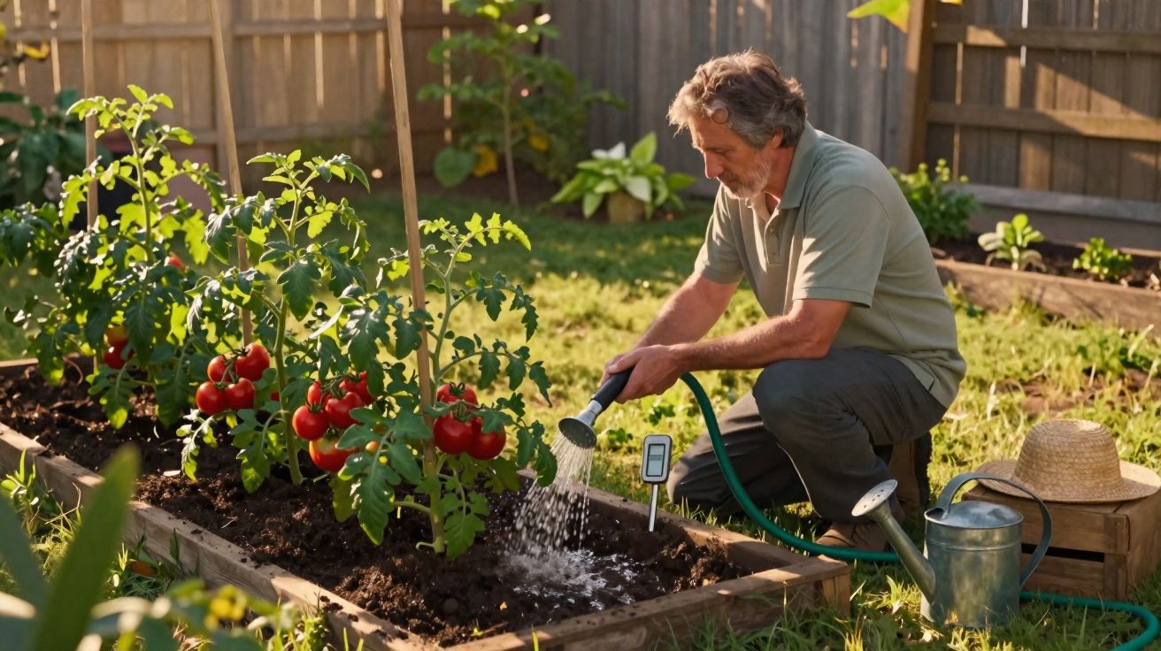 Homem a regar plantas de tomate num jardim com mangueira durante o dia.