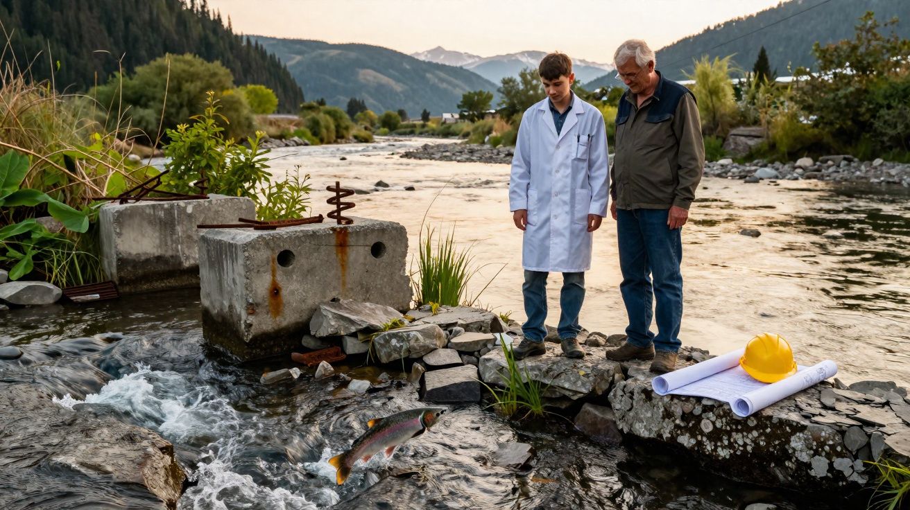 Dois homens junto a rio, um de bata branca e outro com casaco, observam peixe numa corrente de água com capacete amarelo e pl
