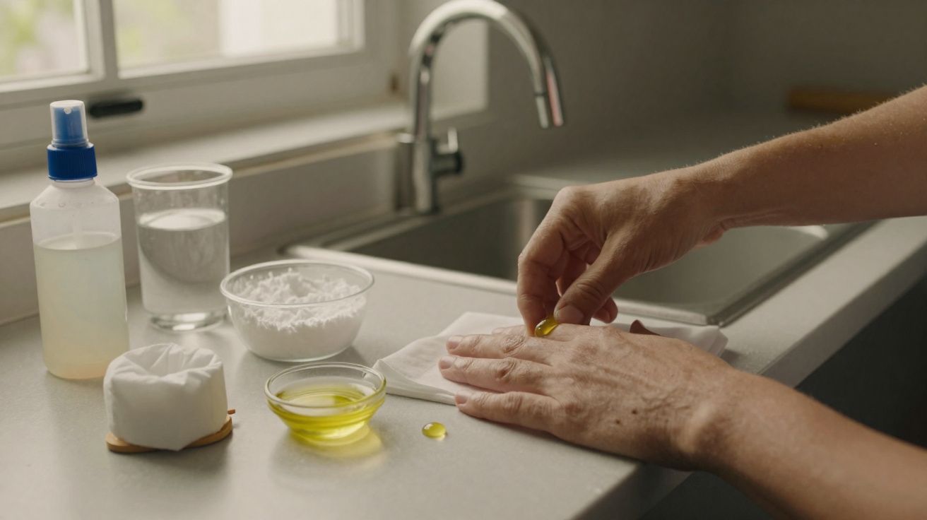 Mãos a aplicar gota de óleo sobre tecido, com vários frascos e recipientes numa bancada junto a uma pia.