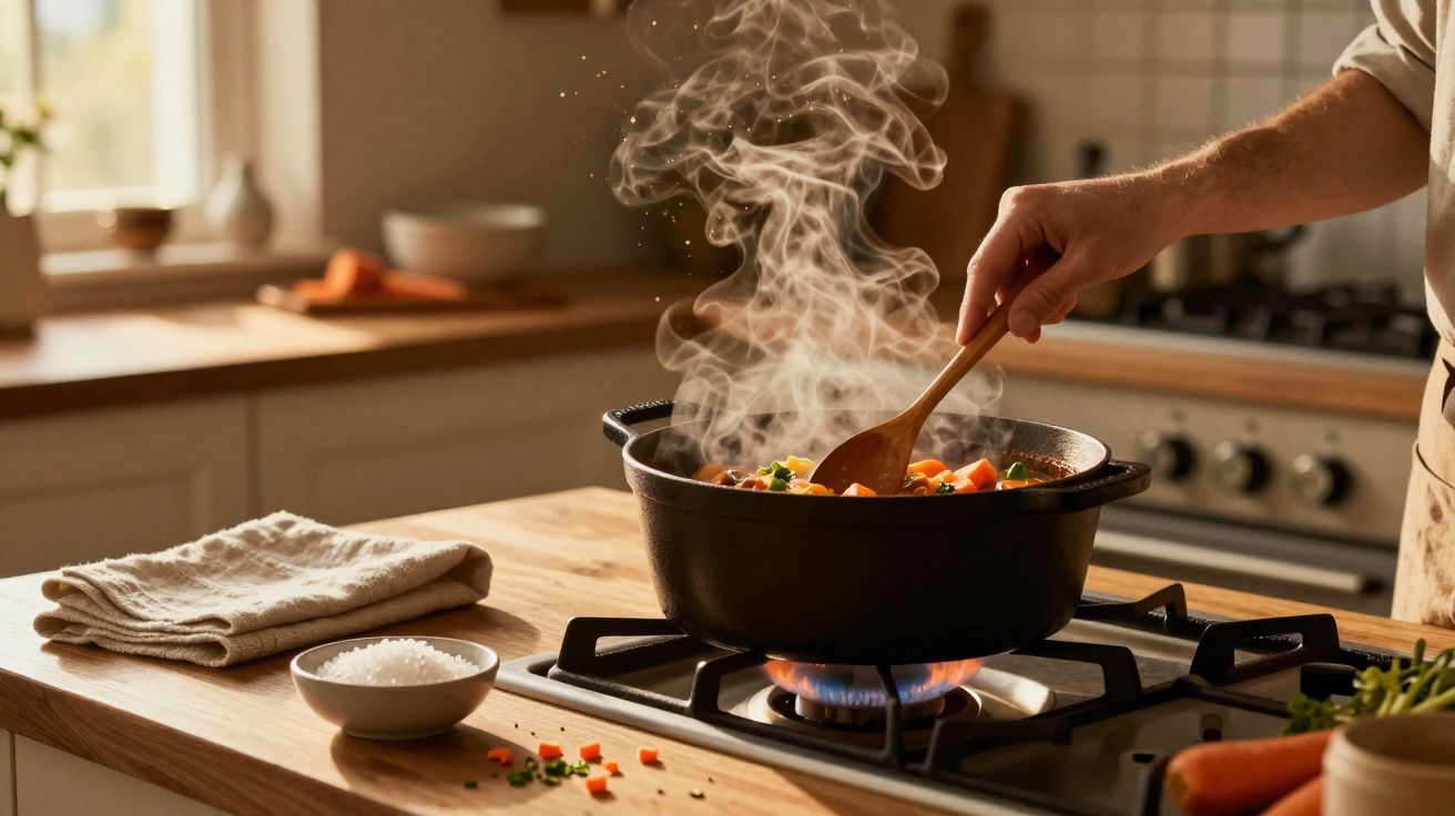 Panela de ferro no fogão com sopa a ferver e mão a mexer com colher de madeira numa cozinha iluminada.
