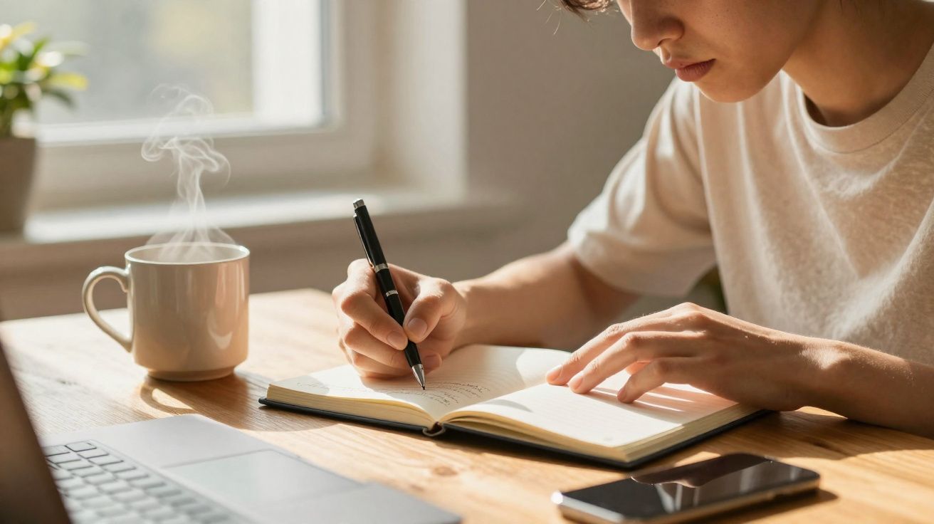 Pessoa a escrever num caderno à luz do dia, com chá fumegante, portátil e telemóvel numa mesa de madeira.