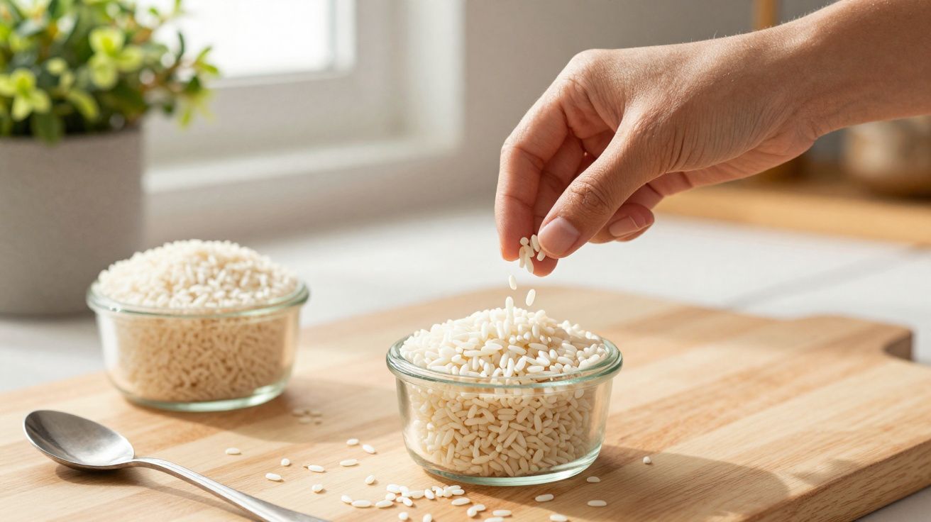 Mão a deitar arroz em taça de vidro sobre tábua de madeira, com colher e outra taça ao fundo.