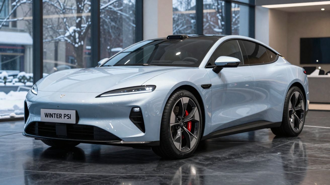 Carro elétrico esportivo cinza claro estilizado exibido em showroom com inverno nevado ao fundo.