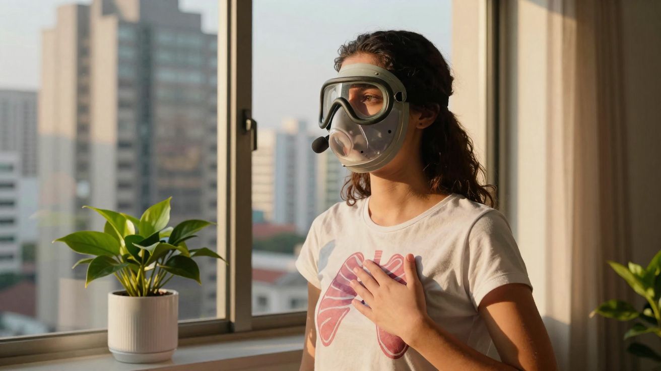 Mulher de máscara respiratória fica junto a janela com mão no peito e t-shirt com desenho dos pulmões.