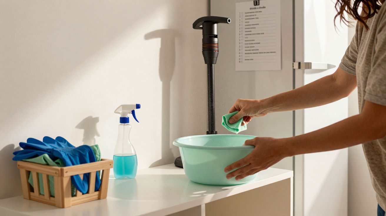 Pessoa a lavar recipiente azul com pano verde numa mesa com luvas e pulverizador de limpeza azul.