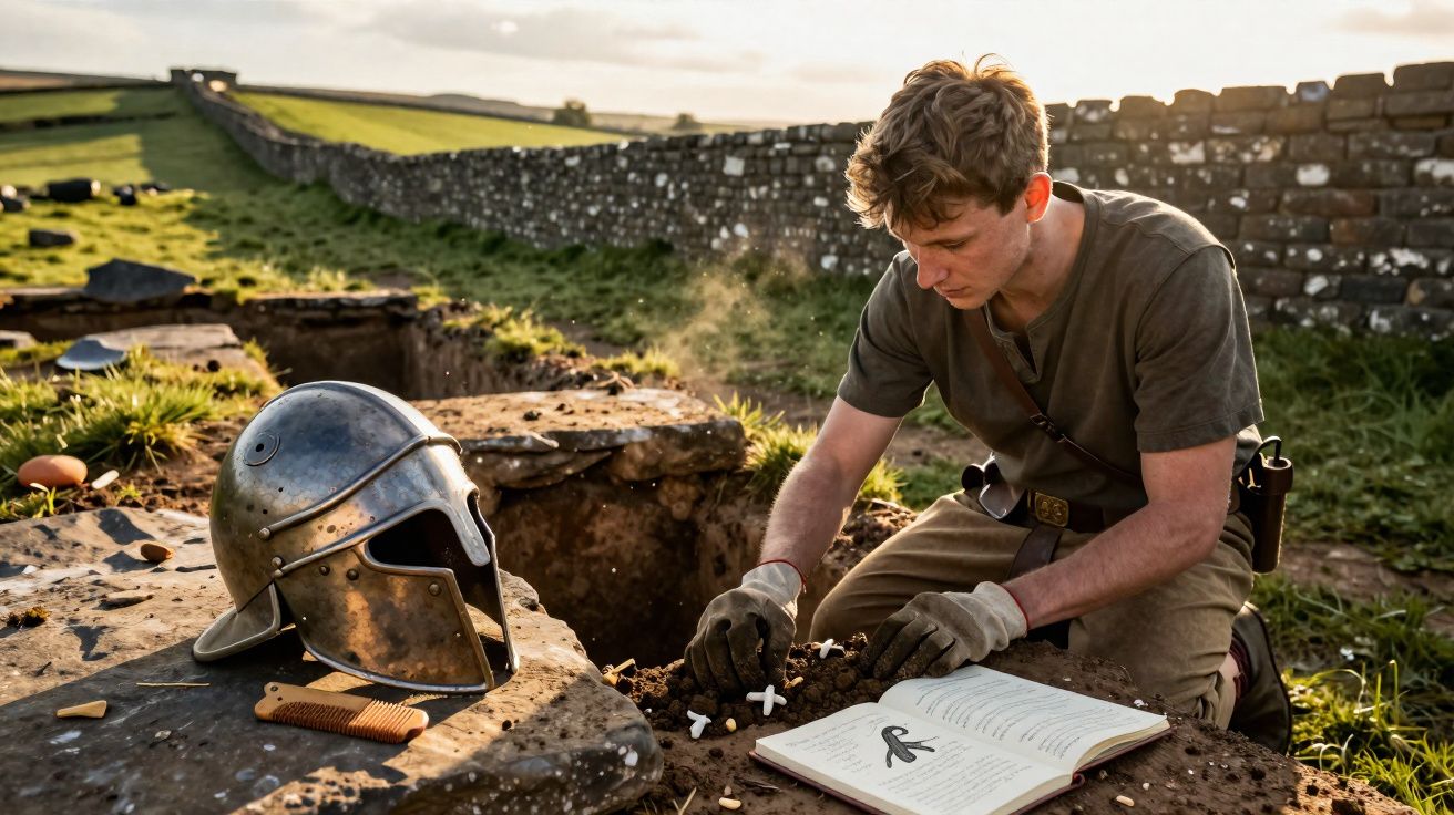 Jovem arqueólogo escava ao ar livre perto de muro de pedra, com capacete medieval e livro aberto.