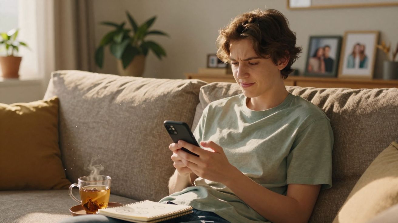 Jovem sentado no sofá a olhar para o telemóvel com um chá quente e caderno à sua frente.