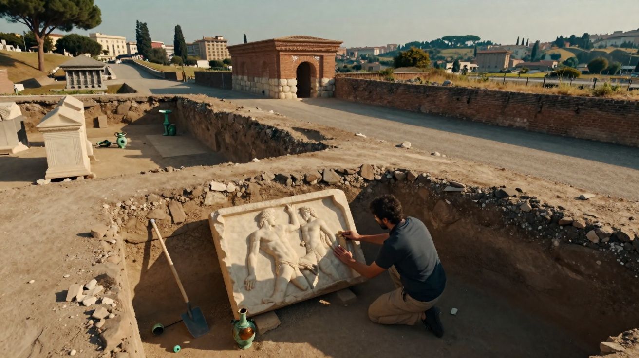 Arqueólogo examina relevo esculpido num sítio de escavação arqueológica ao ar livre com edifícios antigos ao fundo.