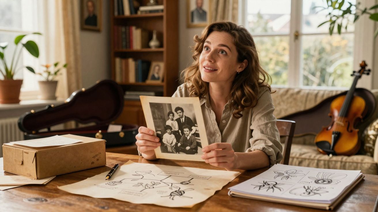Mulher sentada numa mesa segurando fotografia antiga com desenhos de insetos e violino ao fundo.
