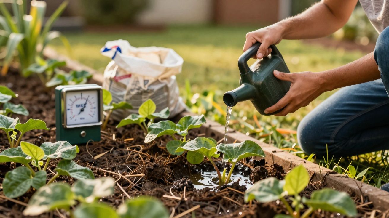 Pessoa a regar plantas jovens numa horta com regador verde, ao ar livre, em dia ensolarado.