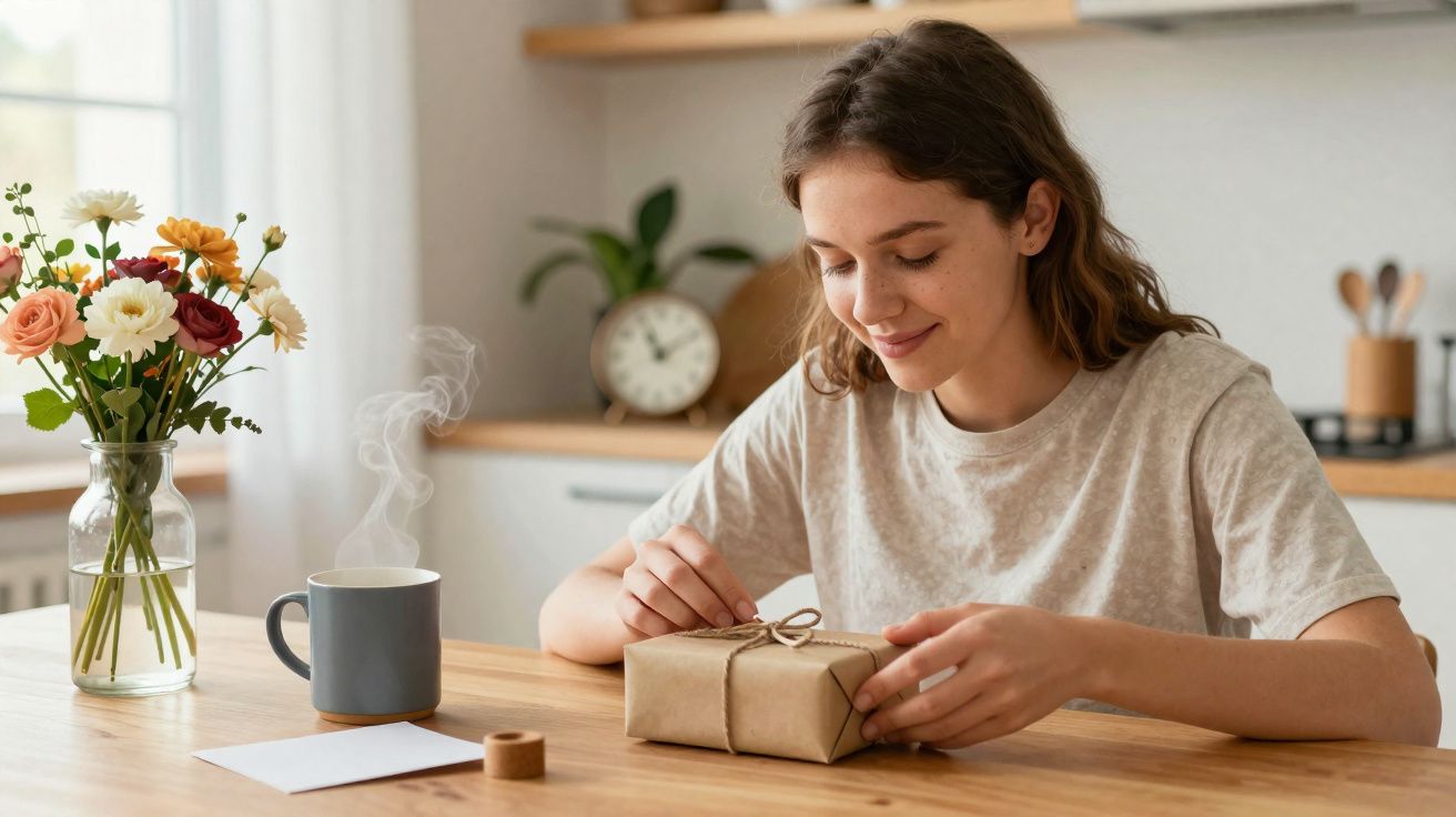 Mulher sorridente a abrir uma prenda embrulhada numa cozinha com flores e chá quente na mesa.