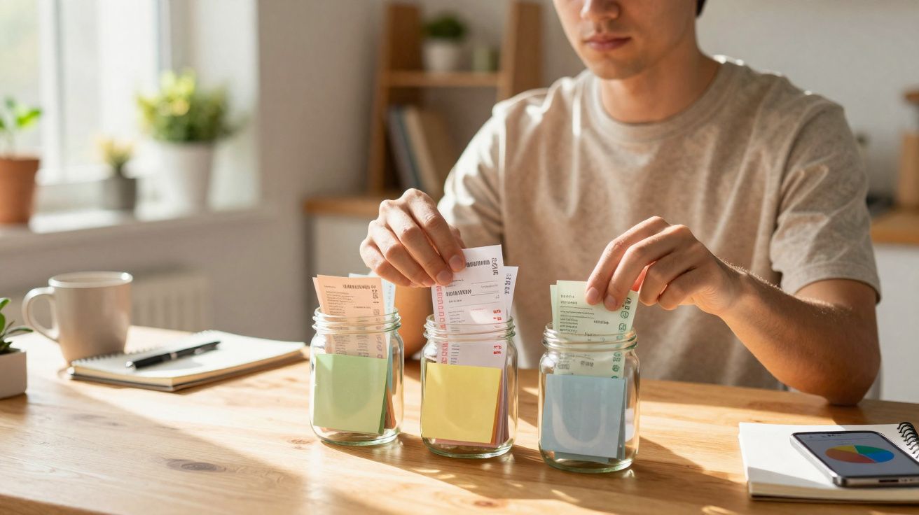 Pessoa a organizar recibos em três frascos de vidro sobre uma mesa de madeira com notas coloridas coladas.