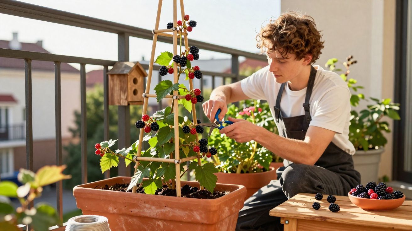 Jovem a colher amoras numa planta num vaso grande num terraço com roupas de jardinagem.