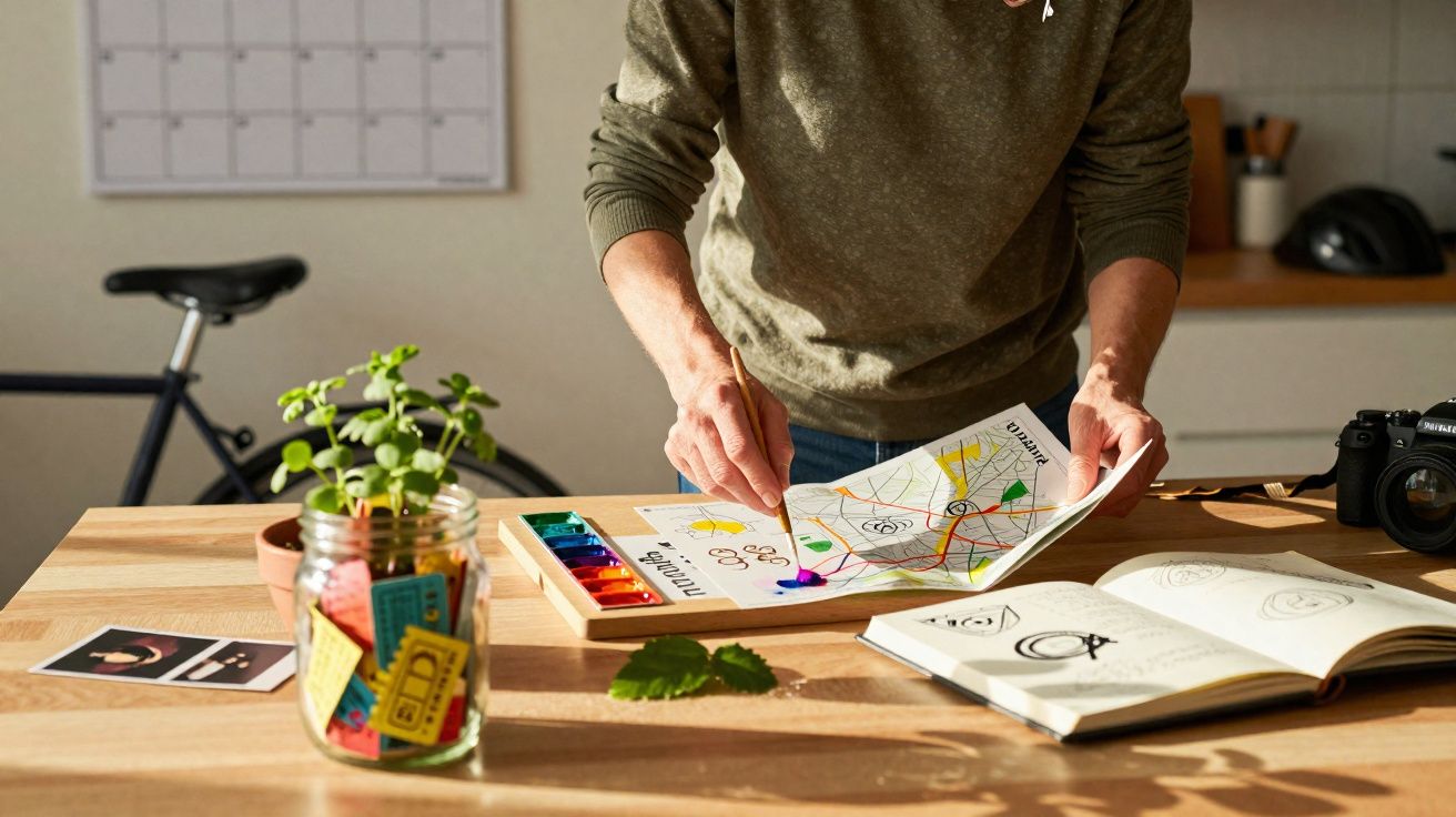 Pessoa a pintar com aguarelas num caderno aberto numa mesa de madeira com plantas e câmara fotográfica.