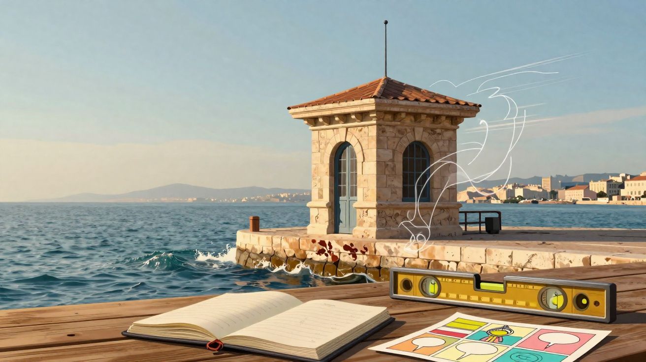 Caderno aberto, régua e banda desenhada num cais com torre em pedra à beira mar numa tarde calma.