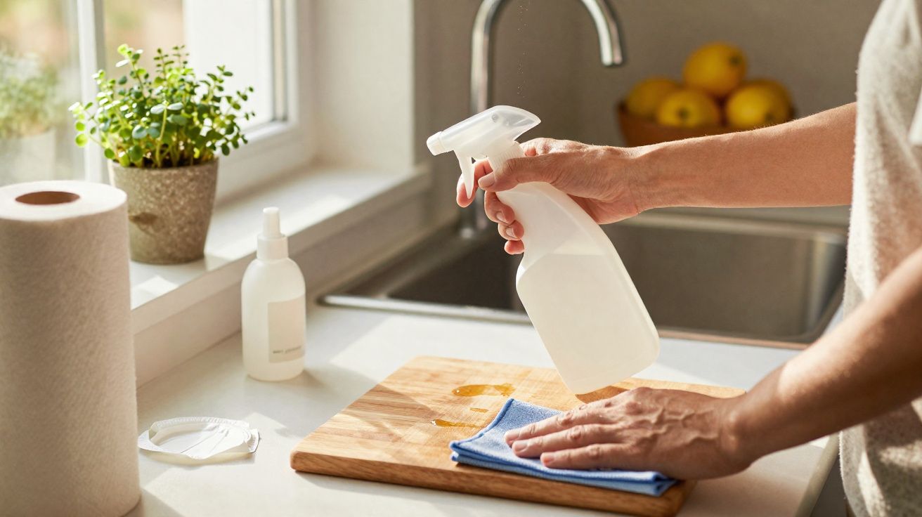 Pessoa a limpar uma tábua de cozinha com pano azul e spray de limpeza numa bancada iluminada.
