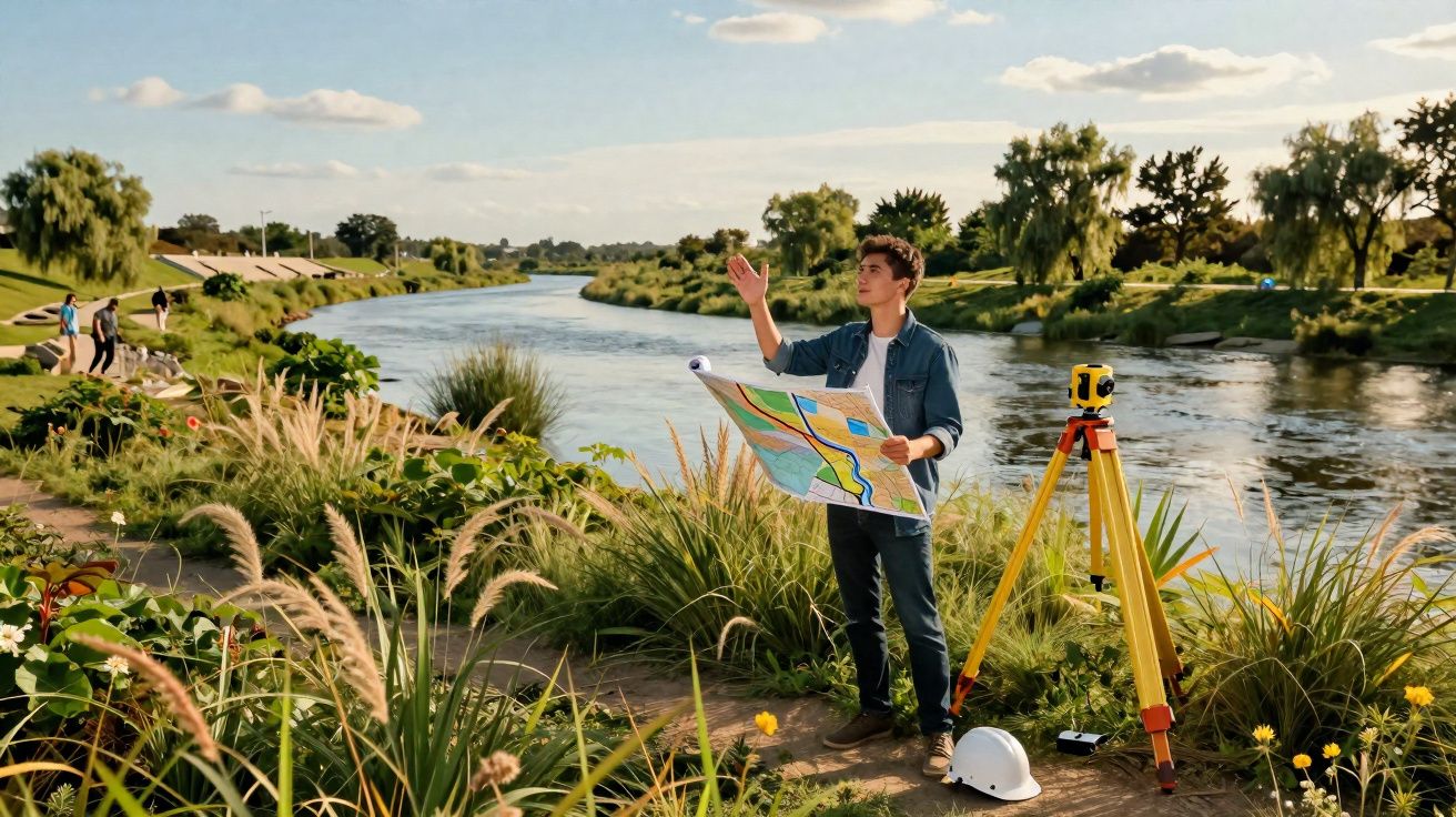 Jovem a trabalhar com mapa e equipamento de topografia junto a um rio e vegetação numa paisagem ensolarada.