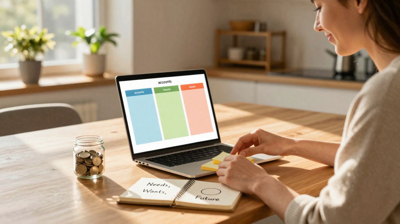 Pessoa sentada à mesa, a trabalhar num computador portátil com gráficos financeiros e um caderno aberto à frente.
