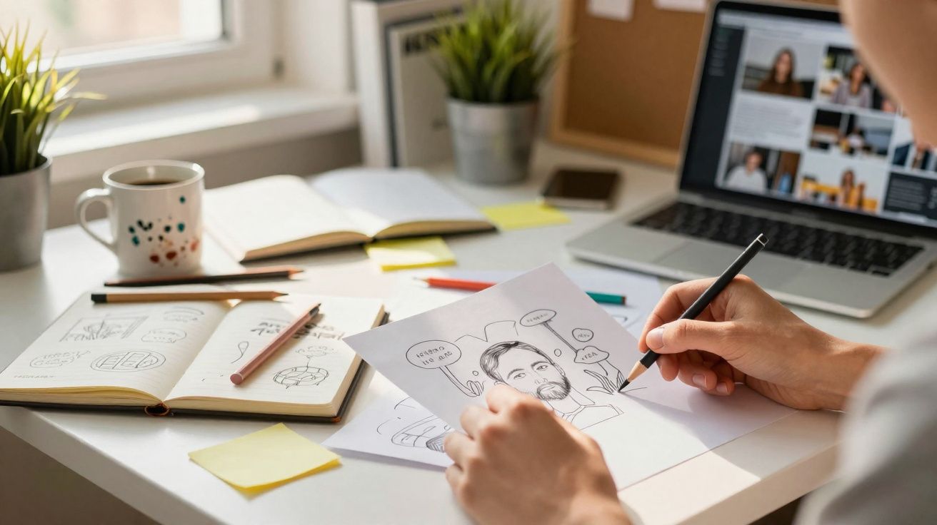 Mesa com desenhos a preto e branco, laptop com videoconferência, caderno aberto e mão a desenhar ilustração.