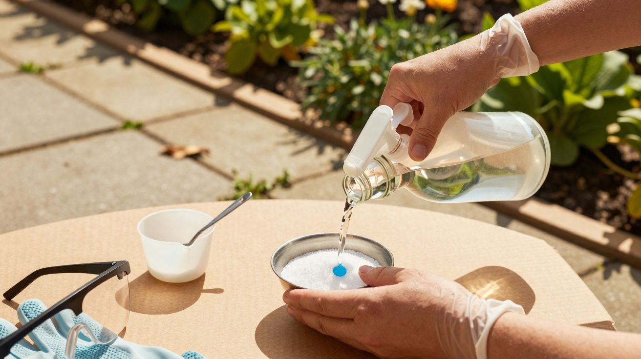 Pessoa a verter líquido de um frasco spray para um recipiente com pó branco ao ar livre.