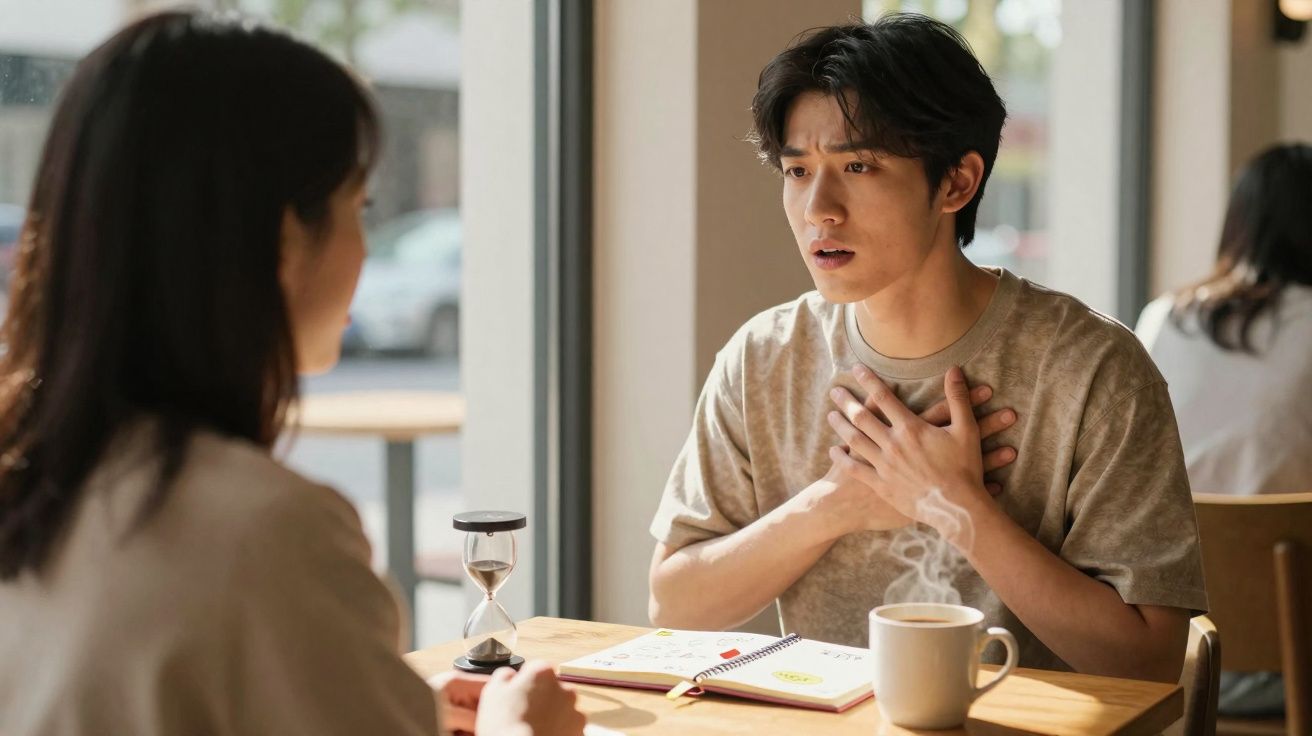 Homem com expressão preocupada a falar com mulher numa mesa de café, com chá e caderno à frente.
