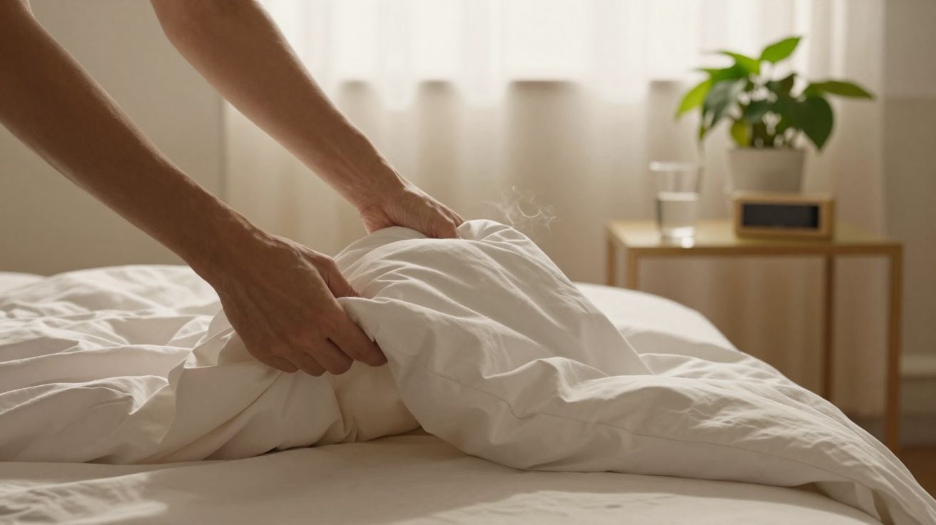Mãos a arrumar um edredão branco numa cama com luz natural e uma mesa de cabeceira ao fundo.