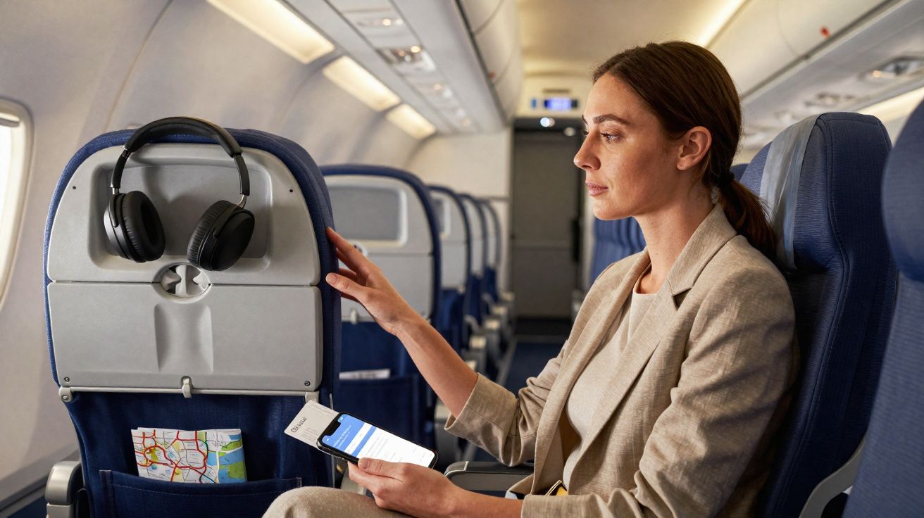 Mulher sentada em avião, vestida formal, segurando telemóvel e bilhete, com auscultadores pendurados no encosto do banco.