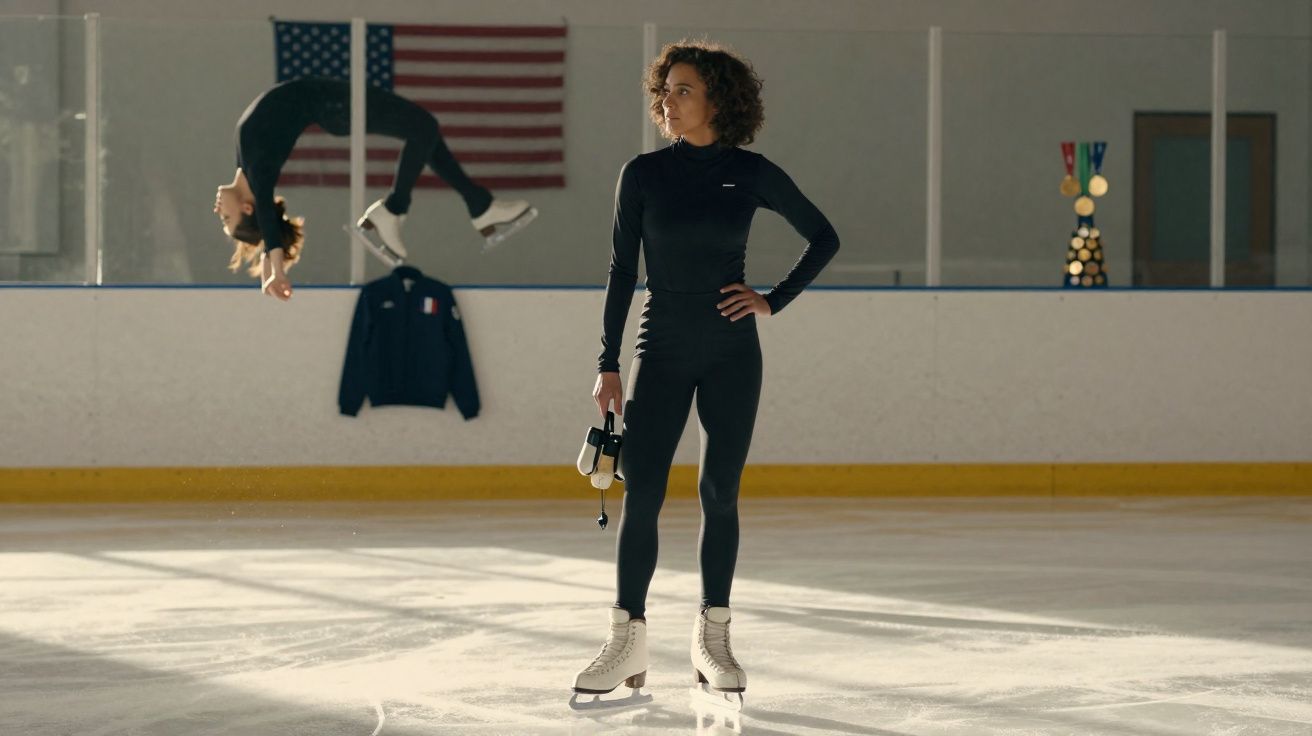 Patinadora de gelo de roupa preta em pista, com outra pessoa a fazer salto mortal no fundo.