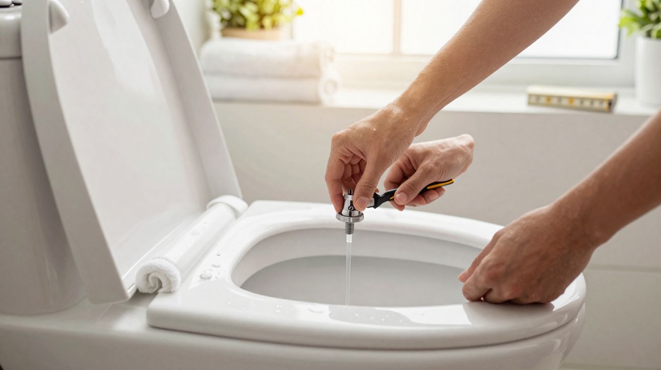 Pessoa a reparar um autoclismo de sanita branca com ferramenta no banheiro bem iluminado.