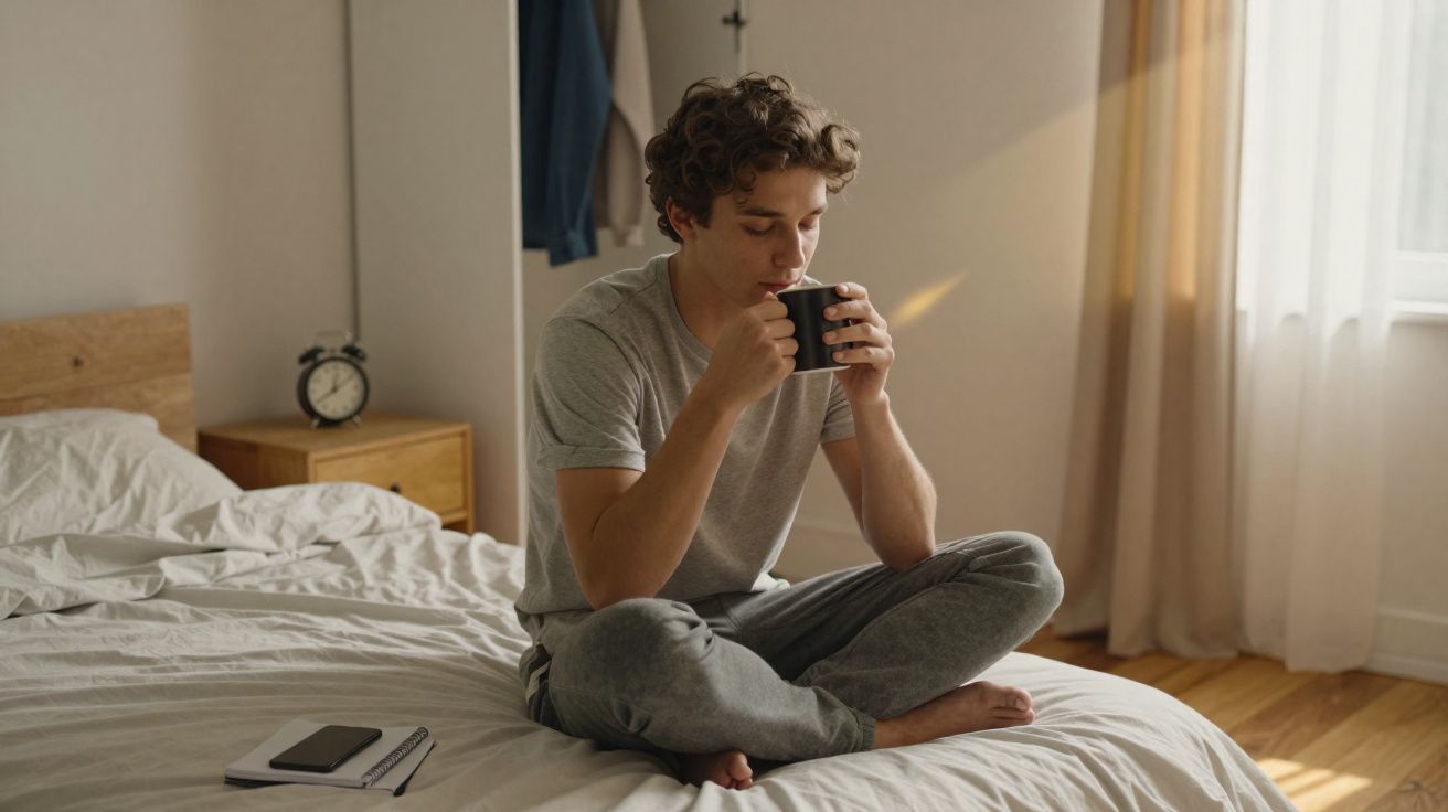 Jovem sentado numa cama a beber de uma caneca, com luz natural a entrar pela janela.