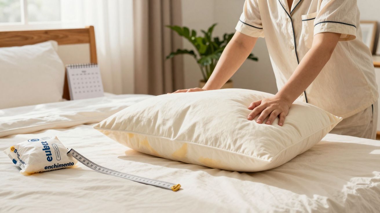 Pessoa a abanar uma almofada branca numa cama com fita métrica e enchimento ao lado.