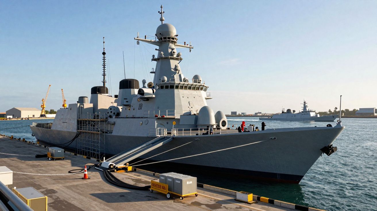 Navio de guerra cinzento atracado num porto, com guindastes e outro navio ao fundo.